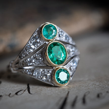 Antique Rings Art Deco, French, Platinum, Emerald and Diamond Ring