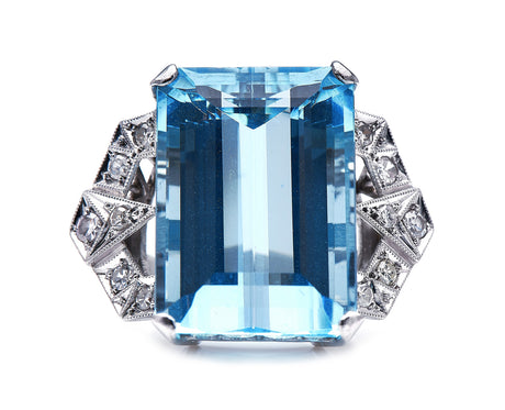 Art Deco, German, 14ct White Gold, Aquamarine and Diamond Ring  | Antique Rings | Antique Ring Boutique | Vintage Engagement Rings | Antique Engagement Rings 