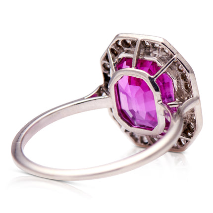 Art Deco, Platinum, 4ct Burmese Pink Sapphire and Diamond Ring