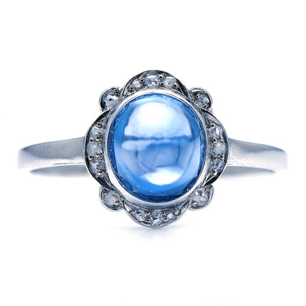 Art Deco, Platinum, Cabochon Sri Lankan Sapphire and Diamond Ring
