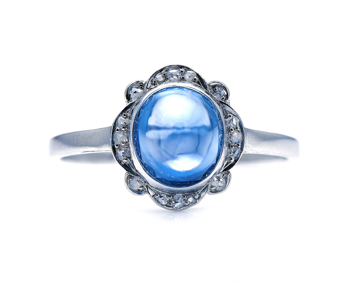 Art Deco, Platinum, Cabochon Sri Lankan Sapphire and Diamond Ring