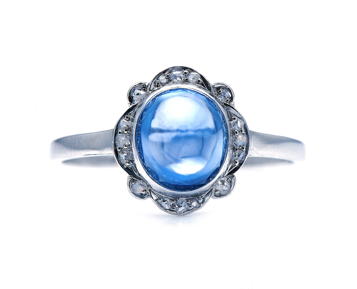 Art Deco, platinum, cabochon sri lankan sapphire & diamond ring