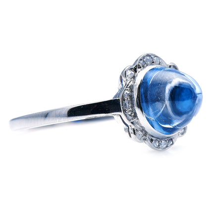Art Deco, Platinum, Cabochon Sri Lankan Sapphire and Diamond Ring