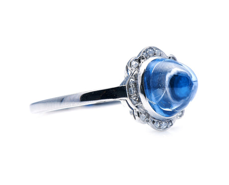 Art Deco, platinum, cabochon sri lankan sapphire & diamond ring