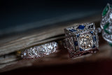 Art Deco, Platinum, Egyptian Revival Sapphire and Diamond Ring