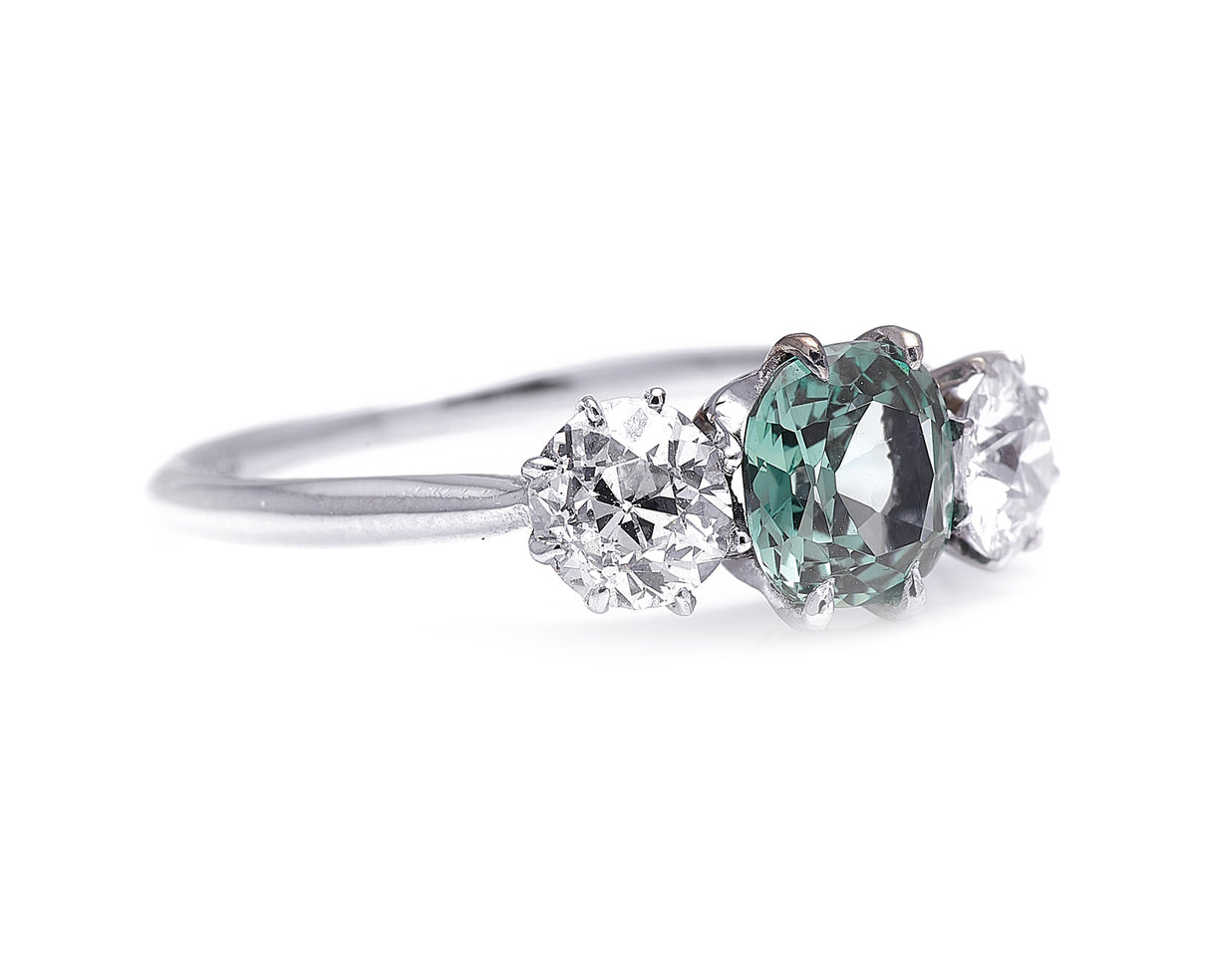 Art Deco, Platinum, Green Sapphire and Diamond Three Stone Ring