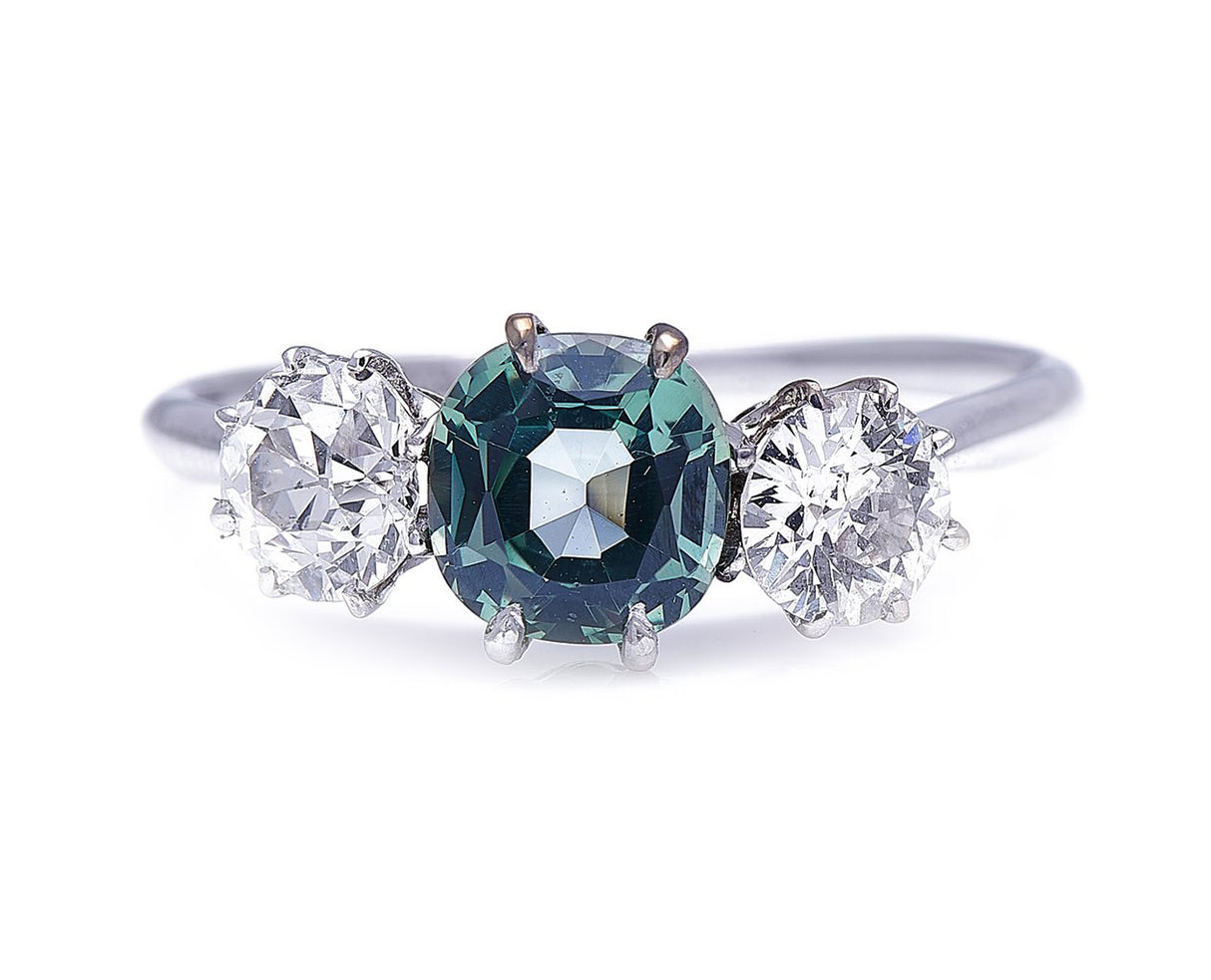 Art Deco, platinum, green sapphire and diamond three stone ring