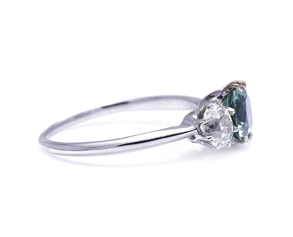 Art Deco, Platinum, Green Sapphire and Diamond Three Stone Ring