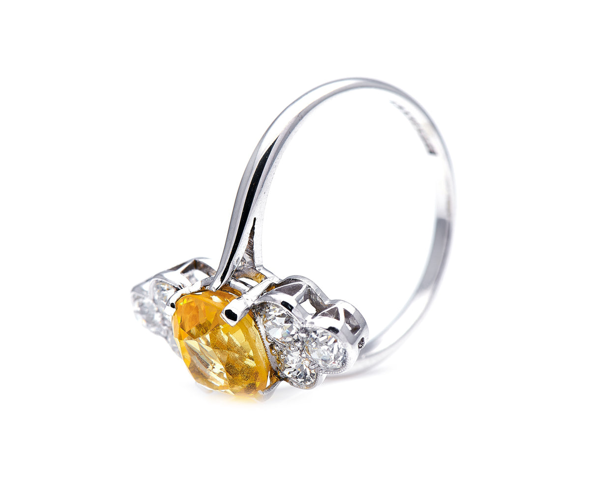 Art Deco, Platinum, Sri Lankan Yellow Sapphire and Diamond Ring