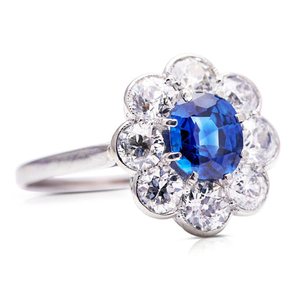 1920s Art Deco Sapphire & Diamond Cluster Engagement Ring, Platinum