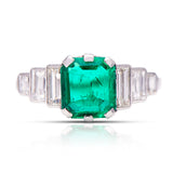 Art-Deco-Emerald-Diamond-Platinum-Antique-Ring-Three-Stone-Vintage