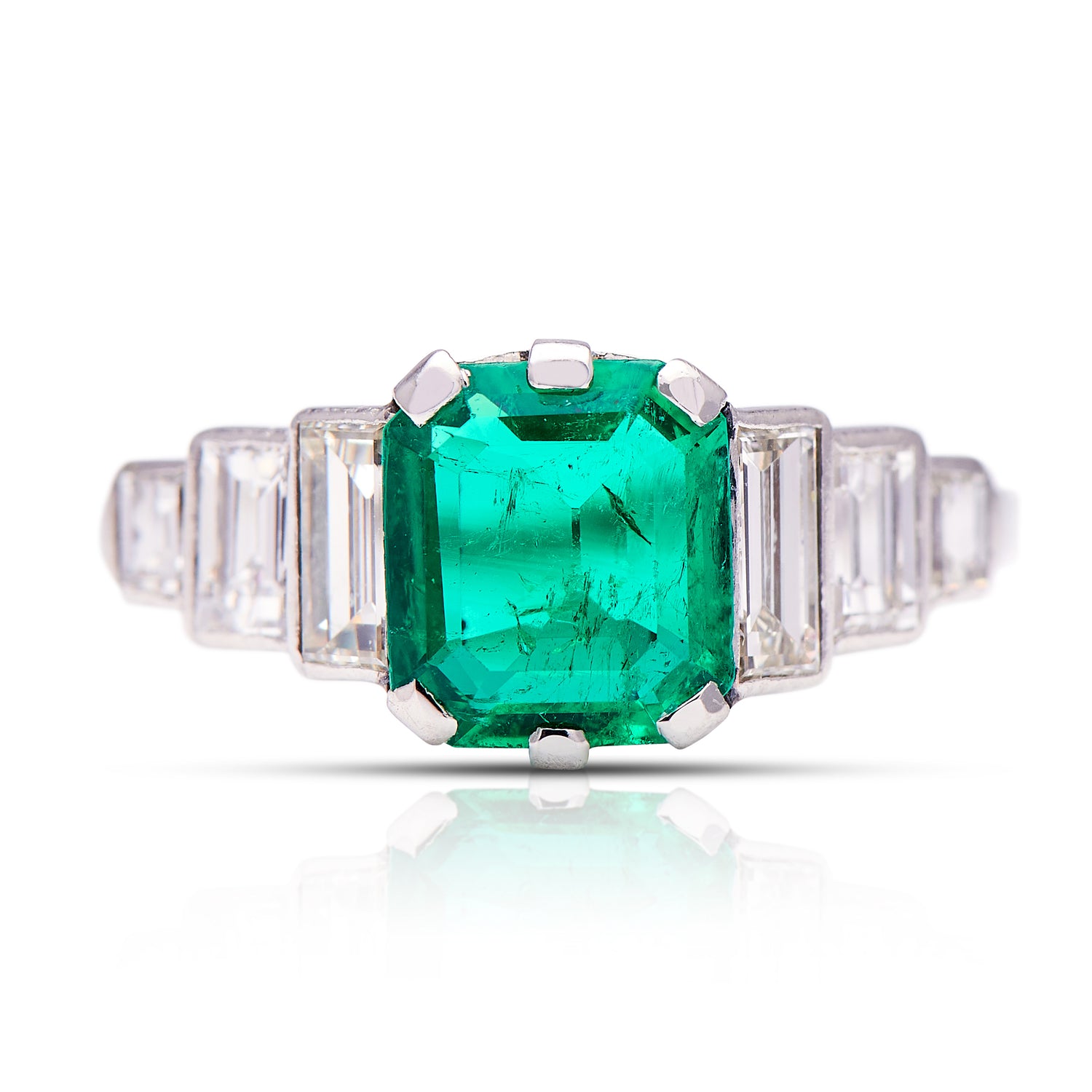 Art-Deco-Emerald-Diamond-Platinum-Antique-Ring-Three-Stone-Vintage