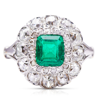 Cluster-Ring-Art-Deco-Emerald-Diamond-White-Gold-18-Carat-Antique-Vintage-Jewellery