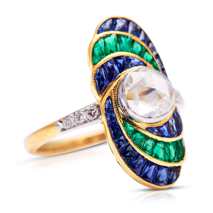 Art Deco, Sapphire, Emerald and Diamond Ring
