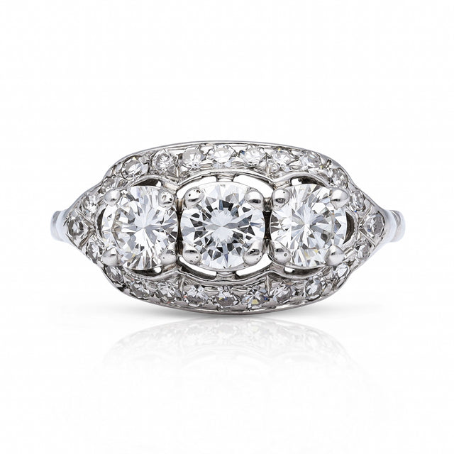 Art Deco three-stone diamond engagement ring, front view.