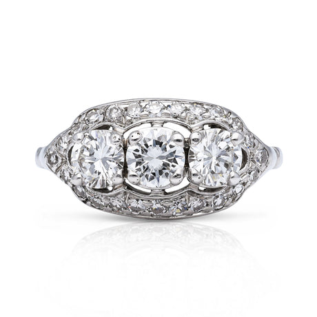 Art Deco three-stone diamond engagement ring, front view.