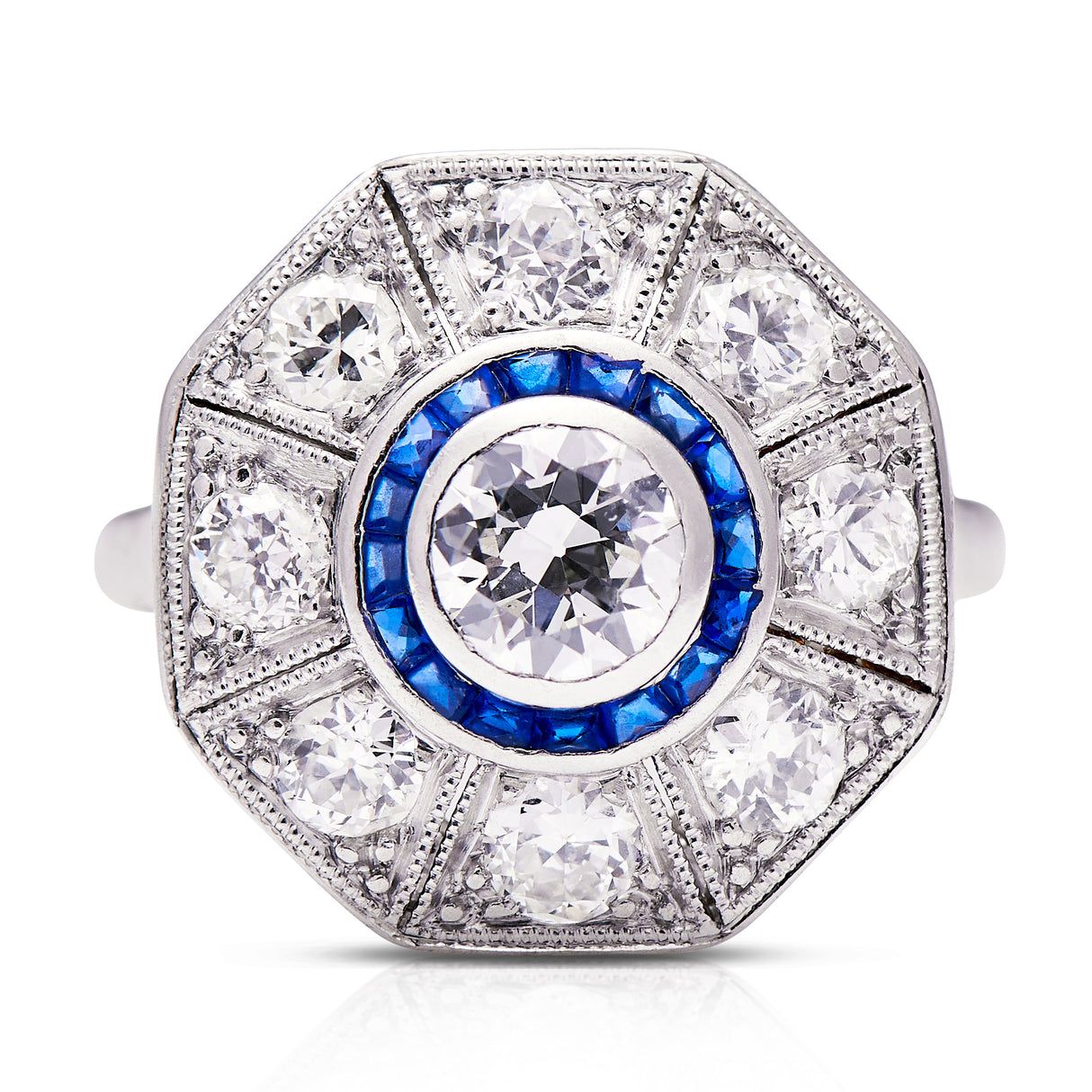 Art-Deco-Platinum-Diamond-Sapphire-Ring-Mosaic-Vintage