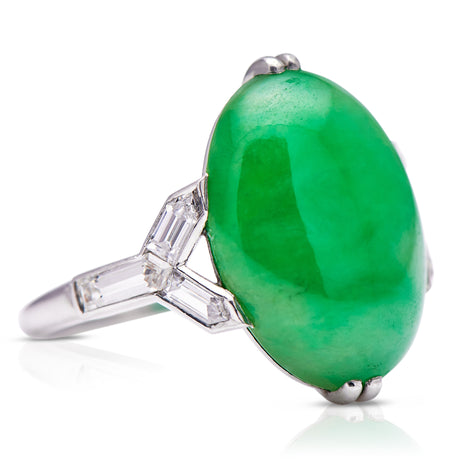 Art Deco | Platinum, Cabochon Imperial Jade and Diamond Ring