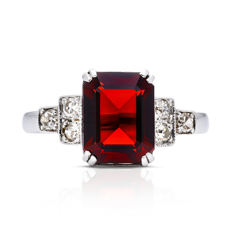 Art Deco garnet and diamond engagement ring, front view.