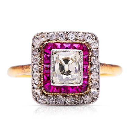 Art-Deco-French-18-Carat-Gold-Diamond-Ruby-Square-Ring-Antique-Jewellery