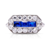Art-Deco-Engagement-Sapphire-Platinum-Diamond-Anqitue-Vintage-Ring-Geometric-Unique
