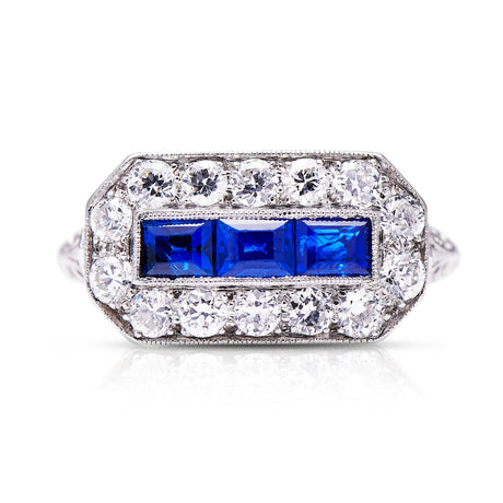 Art-Deco-Engagement-Sapphire-Platinum-Diamond-Anqitue-Vintage-Ring-Geometric-Unique