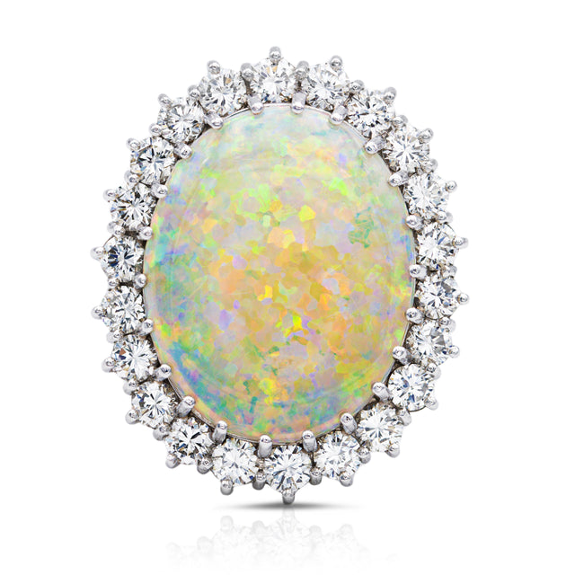 White opal and diamond cluster ring, front view. 