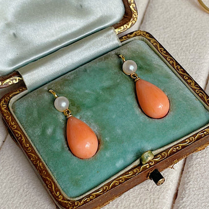 Edwardian | Natural Pearl and Coral Drop Earrings, 15ct Yellow Gold, Original Box