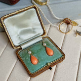 Edwardian | Natural Pearl and Coral Drop Earrings, 15ct Yellow Gold, Original Box