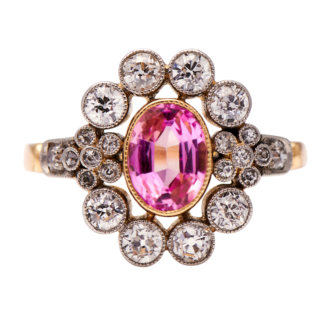 Belle-Époque-Peach-Stone-Diamond-18-Carat-Gold-Cluster-Ring-Vintage