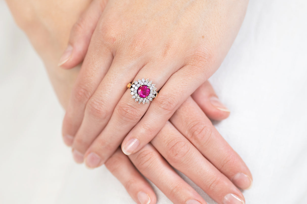 Vintage, Burmese Pink Sapphire and Diamond Cluster Ring