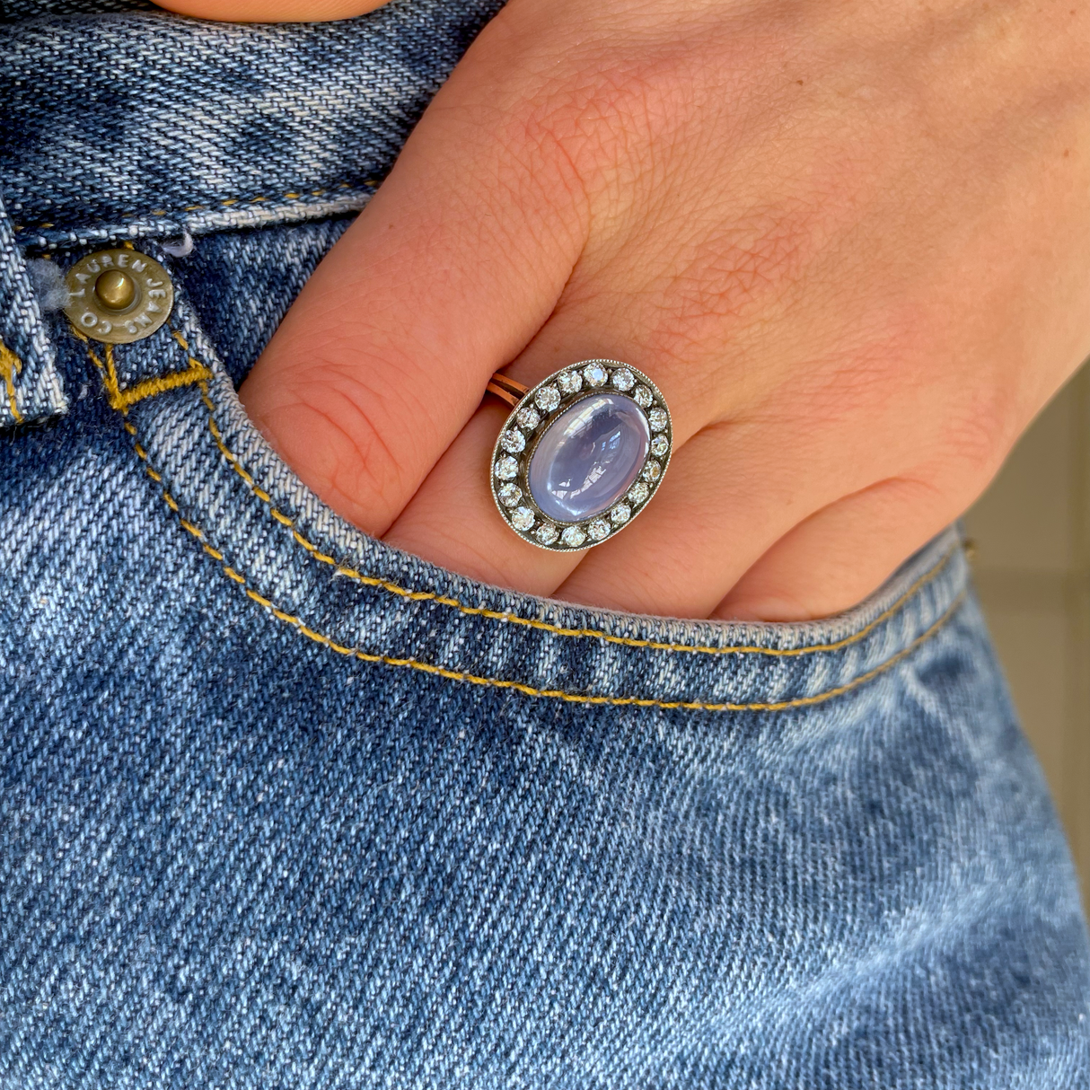 Antique | Edwardian, cabochon sapphire & diamond cluster ring