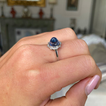 Art Deco, Platinum, Cabochon Sri Lankan Sapphire and Diamond Ring