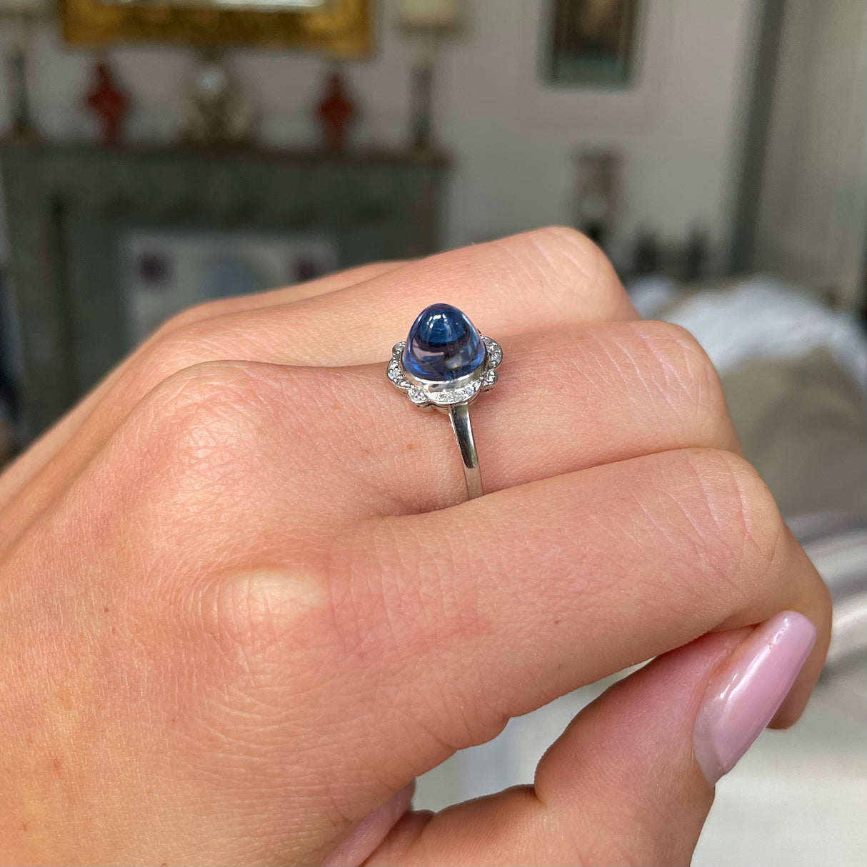 Art Deco, platinum, cabochon sri lankan sapphire & diamond ring