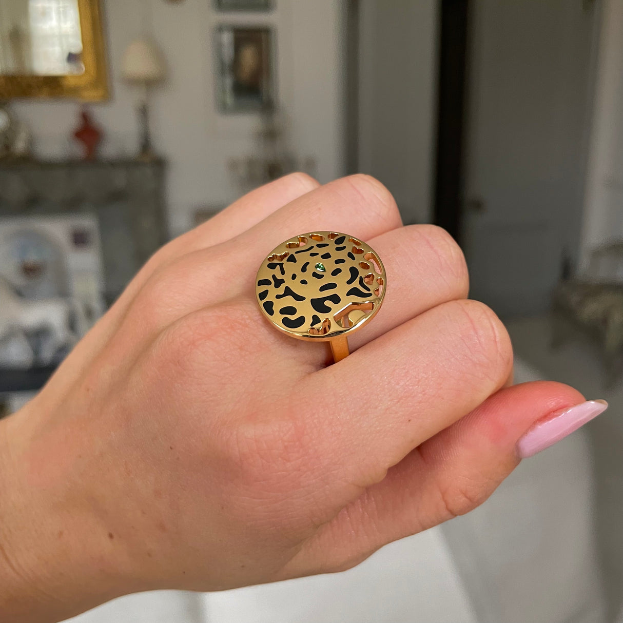 Vintage Cartier Enamel and Green Garnet Panth re Ring Antique