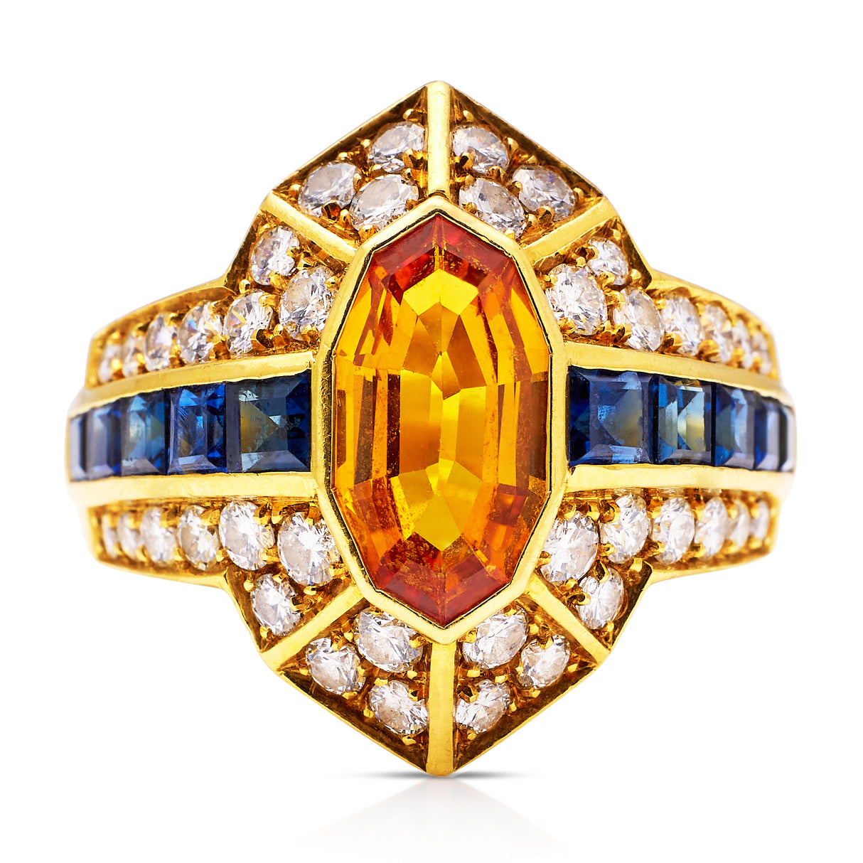 Chaumet-Orange-Sapphire-Ring-Blue-Cocktail-Diamond-Decagon-Art-Deco-Style