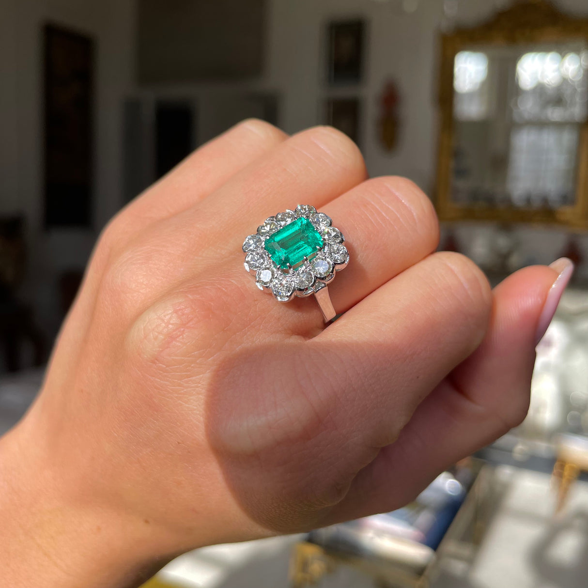Engagement | 18ct White Gold, Colombian Emerald and Diamond Cluster Ring
