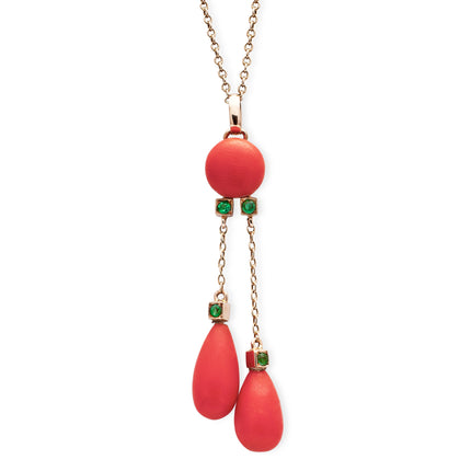 Edwardian-Coral-Emerald-Pendant-15-Carat-Yellow-Gold-Antique-Vintage