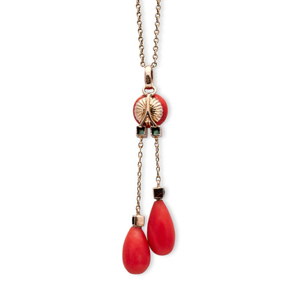 Edwardian | Coral and Emerald Pendant, 15ct Yellow Gold