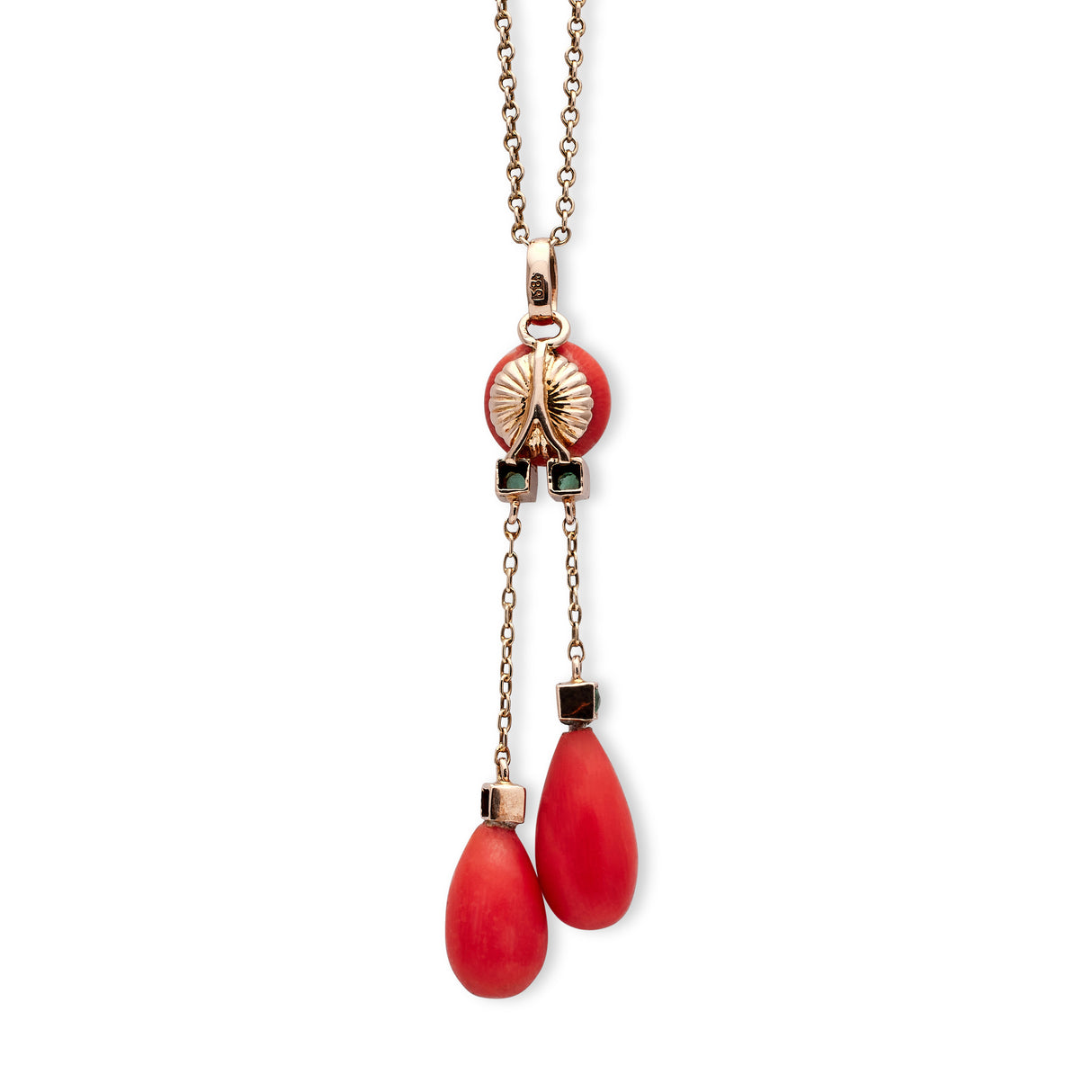 Edwardian | Coral and Emerald Pendant, 15ct Yellow Gold