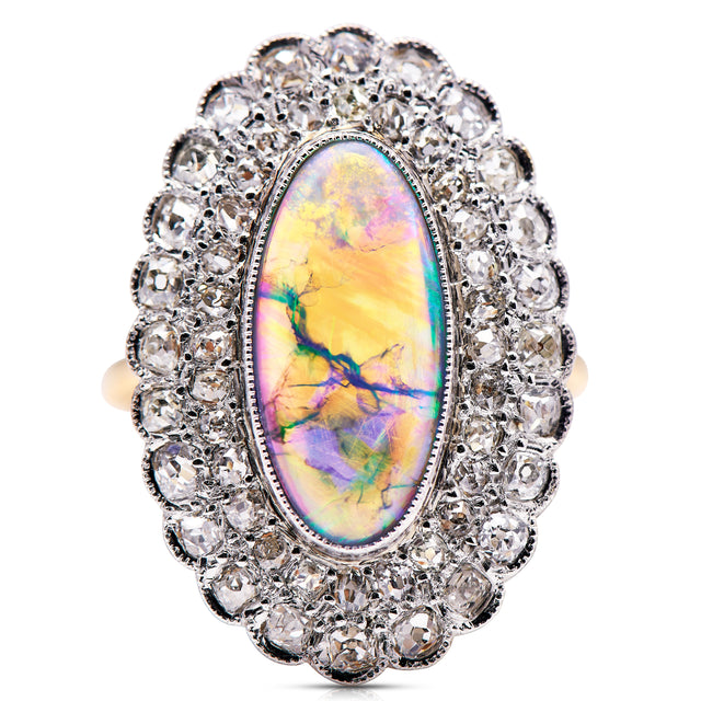 Crystal-Opal-Art-Deco-Cluster-Diamond-Cocktail-Statement-Platinum-Gold-Collar-Vintage-Antique-Ring