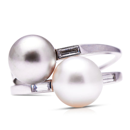 Natural Pearl and Baguette Diamond Ring
