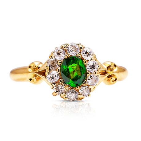 Edwardian, demantoid garnet and diamond cluster ring, front view. 