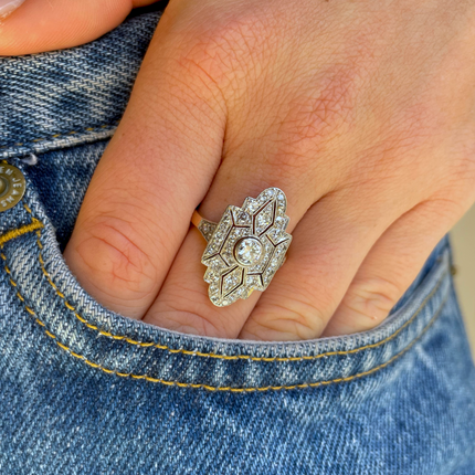 Swedish Art Deco Diamond Navette Plaque Engagement Ring, 18ct Gold, Platinum