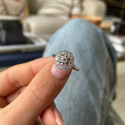 French, Art Deco Diamond Cluster Engagement Ring, 18ct White Gold and Platinum