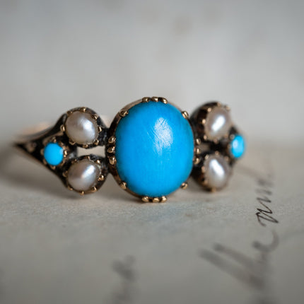 Georgian, 15ct Gold, Natural Turquoise and Pearl Ring