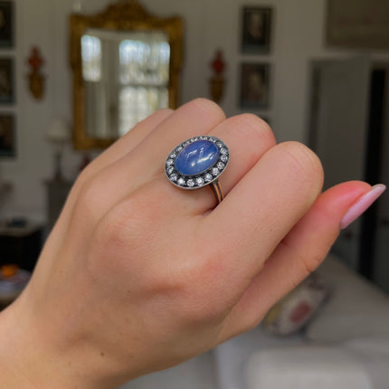 Antique | Edwardian, Cabochon Sapphire and Diamond Cluster Ring