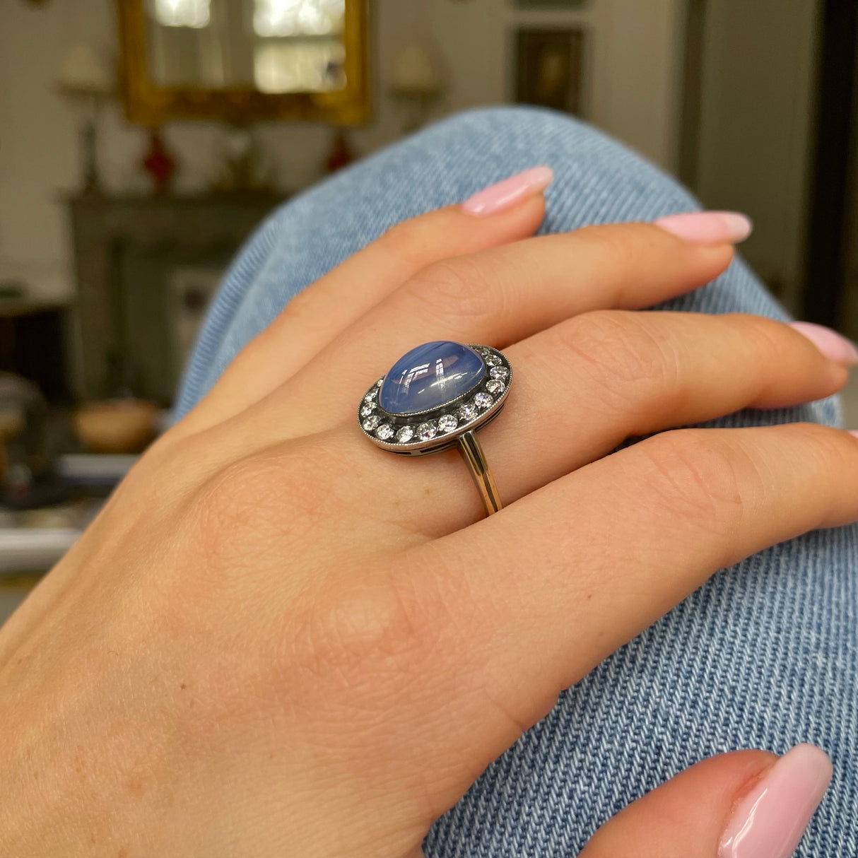 Antique Edwardian Cabochon Sapphire and Diamond Cluster Ring