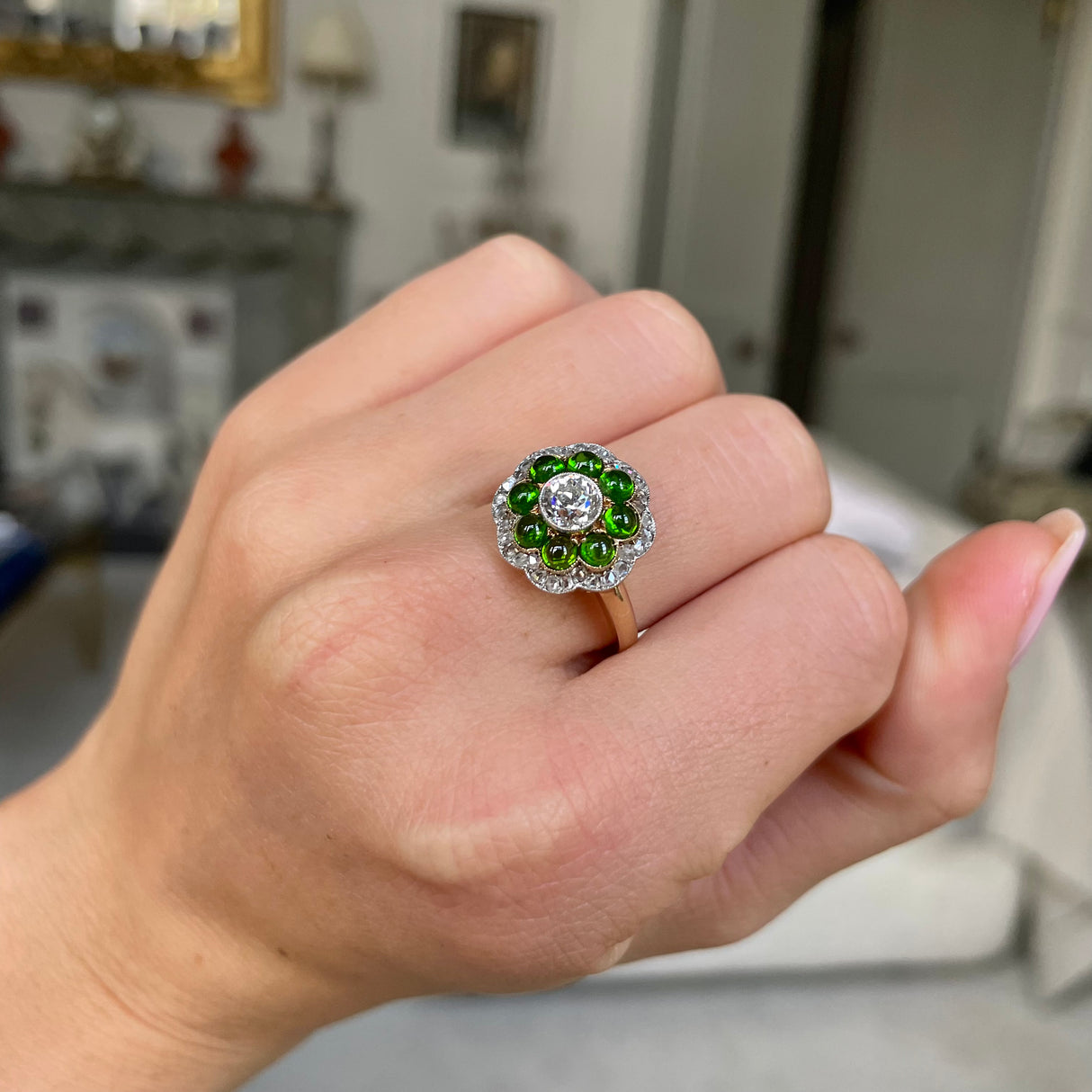 Edwardian, 18ct gold, cabochon demantoid garnet & diamond ring