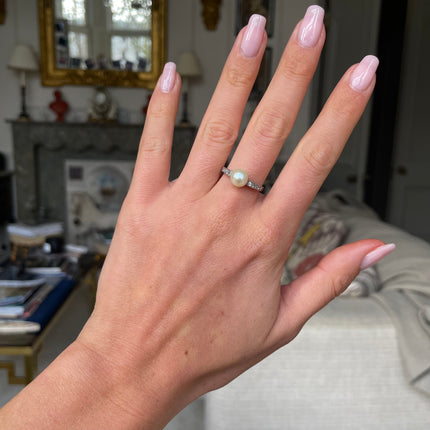 Edwardian, French, Platinum, Natural Pearl and Diamond Ring